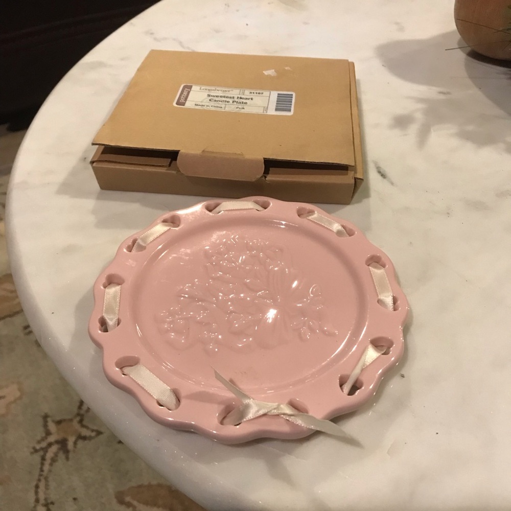 Longaberger Pottery Sweetest Heart Candle Plate Ribbon Light Pink NWB